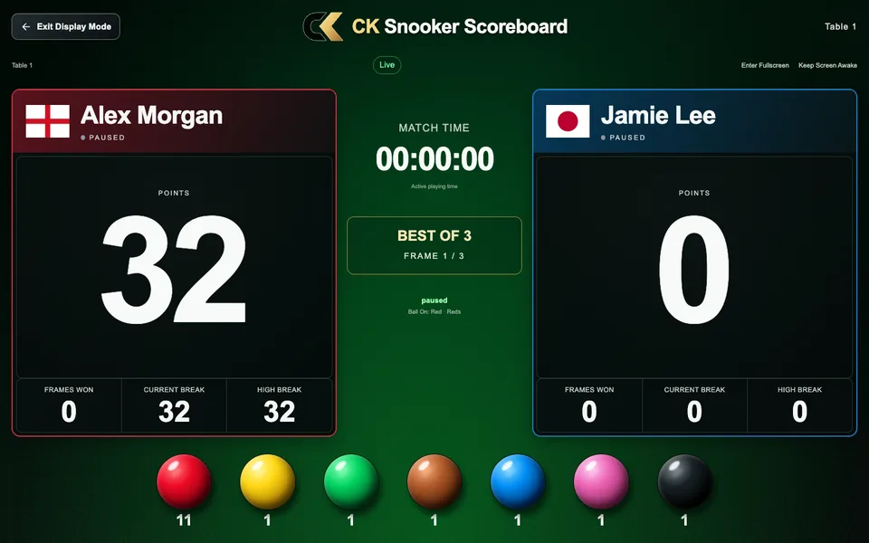 Sample paused match: Alex Morgan 32, Jamie Lee 0. Desktop Display.